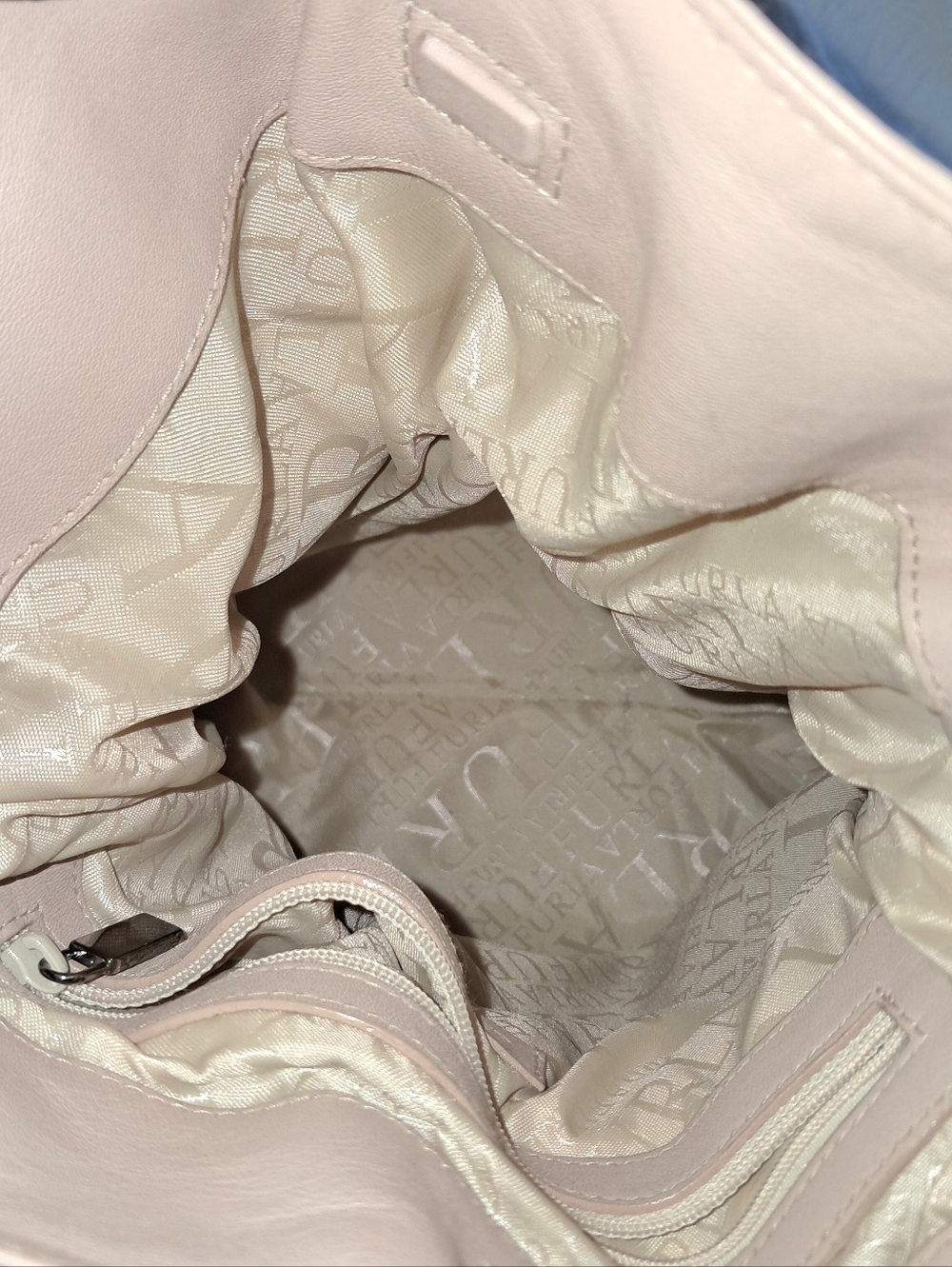 Furla Buttery Leather Shoulder Bag Ruched Opening Gunmetal Rings Bone NWOT - Picture 7 of 9